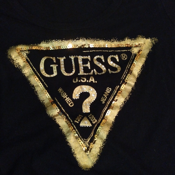 Guess Tops Guess Teeshirt With Gold Sequinblingfoil Print Poshmark